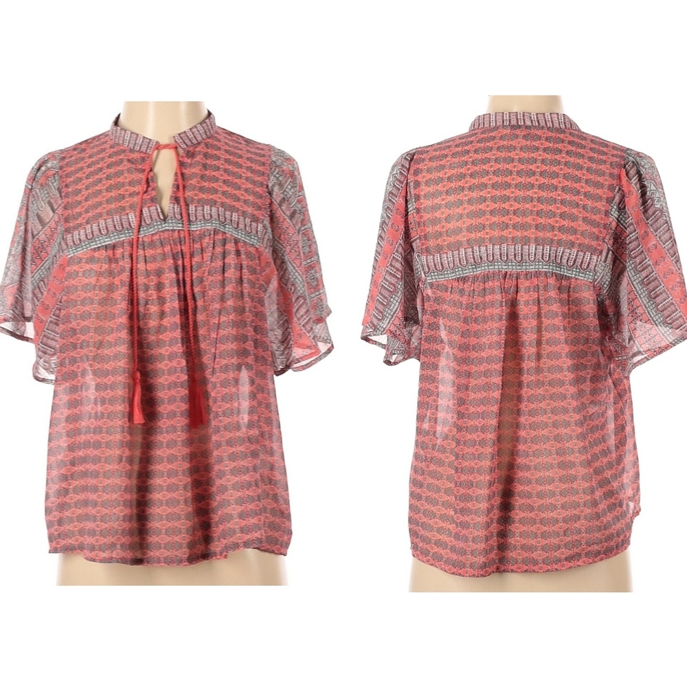 Lucky‎ Brand Boho V Neck Ruffle Short Sleeve Blouse Top EUC